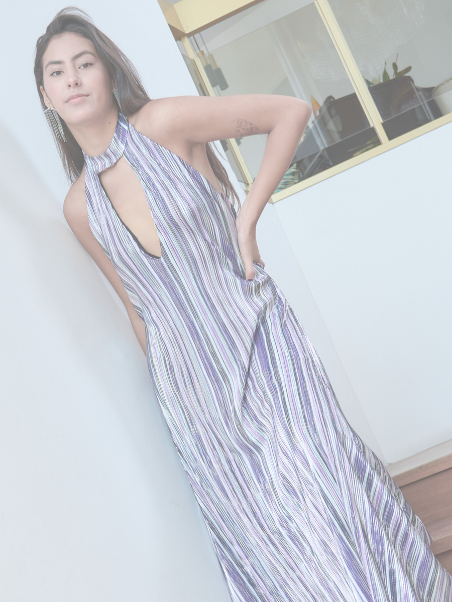 Striped garment design on model